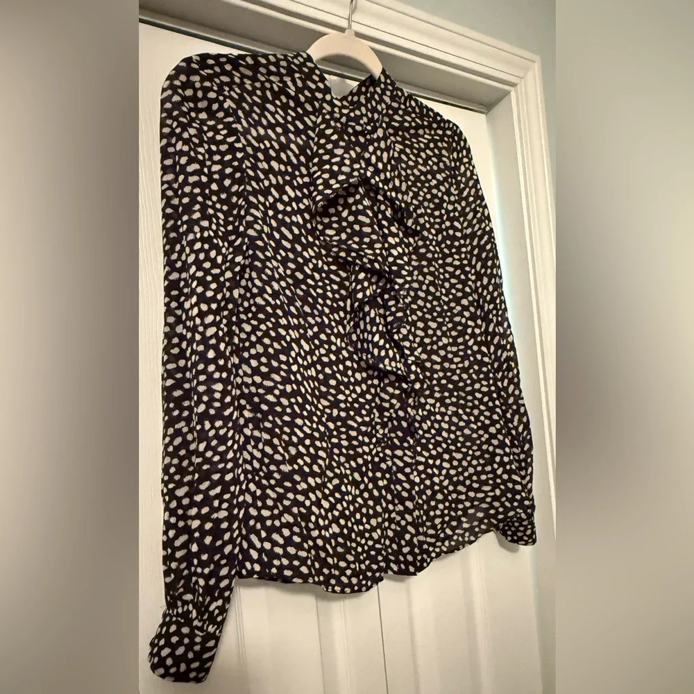 Tory Burch Black & Cream Veta Sheer Silk Blend  Blouse in Dot Print Top size 4